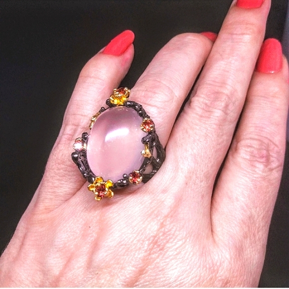 Blush Rose Quartz 30 carats Sterling Silver Ring - Picture 2 of 6